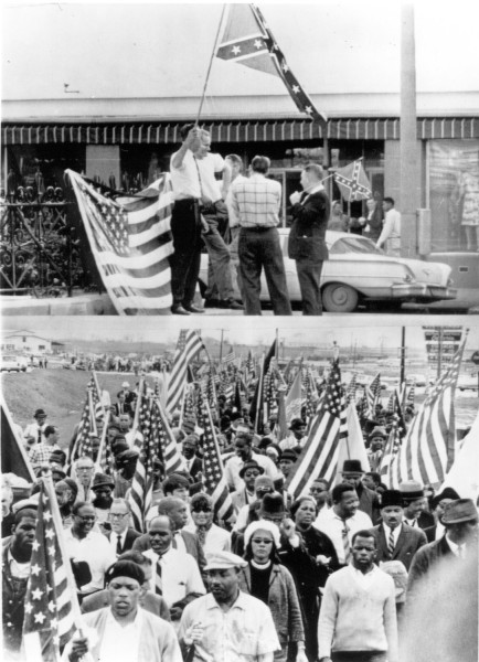 Photographic print combining two black-and-white images: above, a small group of men hold Confederate and American flags outside a storefront; below, a massive crowd of marchers carrying American flags fills a road