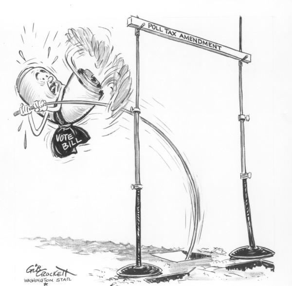 Cartoon by Gib Crockett showing a caricatured figure labeled "Vote Bill" pole vaulting toward a bar labeled "Poll Tax Amendment," appearing to struggle mid-vault