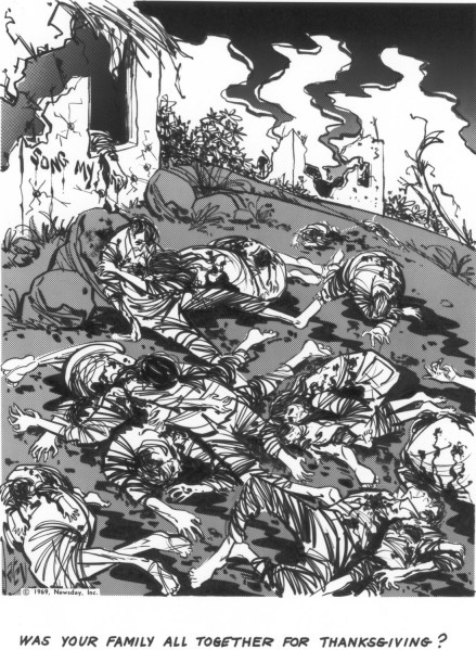 Cartoon in black and white showing multiple bodies strewn across the ground near damaged structures labeled "Song My," with smoke rising in the background. The caption reads "Was Your Family All Together for Thanksgiving?"