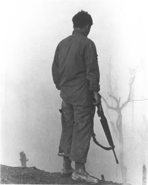 Photographic print of a soldier standing with his back to the camera, holding a rifle, gazing into a dense fog with bare trees barely visible