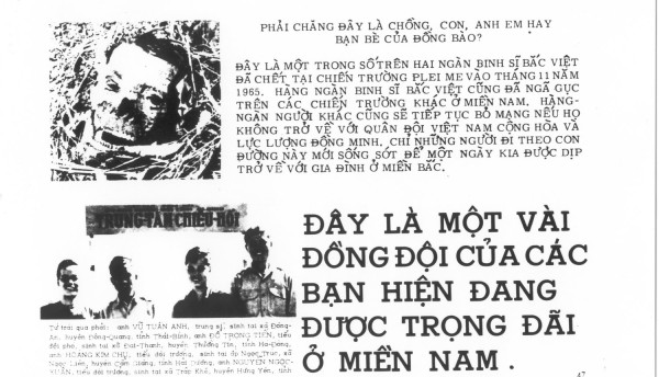 Artifact showing two black-and-white printed leaflets with Vietnamese text. The top section features a skull image; the bottom section shows three men standing together with a banner and identifying captions below