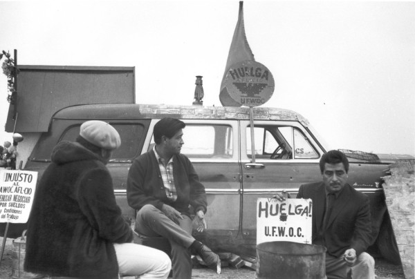 Photographic print of César Chávez seated outdoors with two workers near a car bearing a UFWOC "Huelga" flag and strike signs