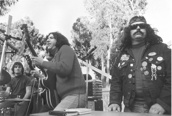 Photographic print of musicians performing outdoors on a stage, one playing an electric guitar, with tall trees visible in the background