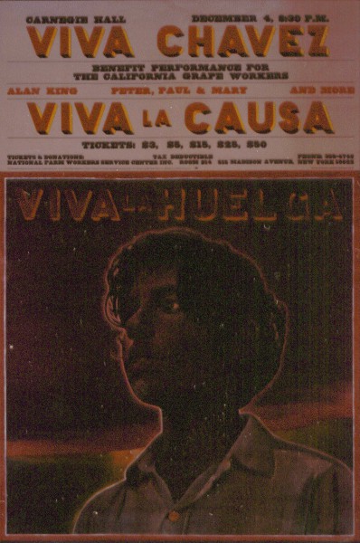Artifact poster with bold orange text reading 'Viva Chavez, Viva La Causa' above a dark silhouetted profile portrait of a person facing left