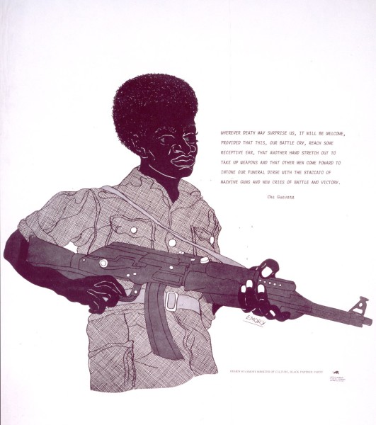 Artifact poster featuring an illustrated figure holding a machine gun, with a Che Guevara quote printed in the upper right and signed 'Emory'