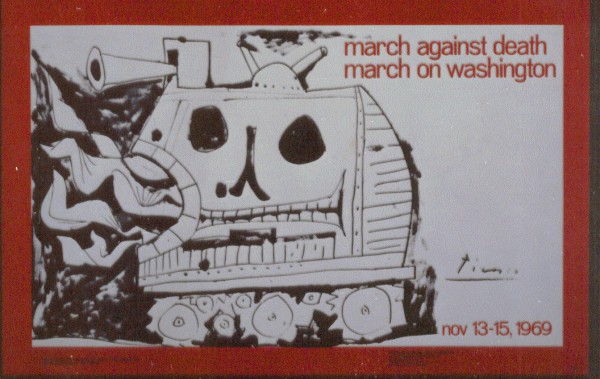 Artifact poster with a red border featuring a black-and-white drawing of a skull-faced tank crushing figures, with red text reading "march against death march on washington nov 13-15, 1969"