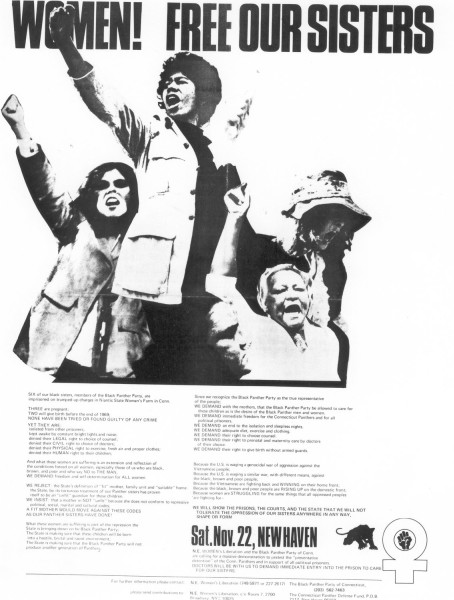 Artifact poster with bold headline "WOMEN! FREE OUR SISTERS" above a black-and-white photo of three women with raised fists, mouths open in protest, followed by dense printed text and "Sat. Nov. 22, New Haven"