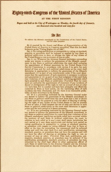 Fine Print Illustration of the first page of the Voting Rights Act, headed "Eighty-ninth Congress of the United States of America" with dense printed text on aged paper