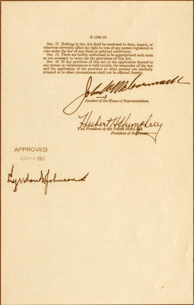 Fine print illustration of the last page of document S.1564-10, bearing three signatures: Speaker of the House, Vice President of the Senate, and an approval dated Aug 6 1965