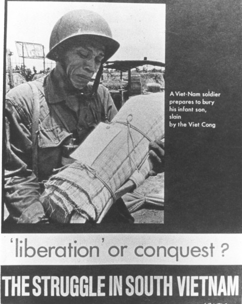 Artifact war pamphlet cover with a helmeted soldier cradling a small wrapped bundle, with text reading 'liberation or conquest? The Struggle in South Vietnam'