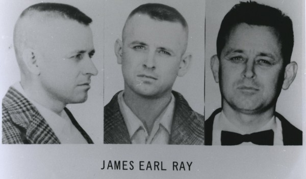 Black-and-white police booking photo showing three views of a man — left profile, front, and right front — labeled "JAMES EARL RAY"