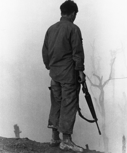 Black-and-white photograph of a soldier seen from behind, holding a rifle at his side, standing amid fog and bare scorched trees