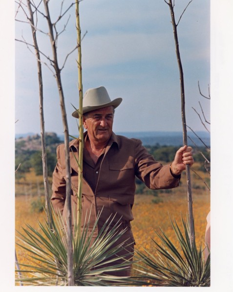 Color photograph of a man in a cowboy hat and brown shirt standing among yucca plants and bare saplings, rolling countryside behind him