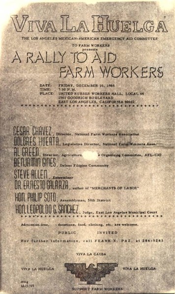 Printed handbill announcing a rally to aid farm workers, listing speakers, date, time, and location, with an eagle emblem at the bottom